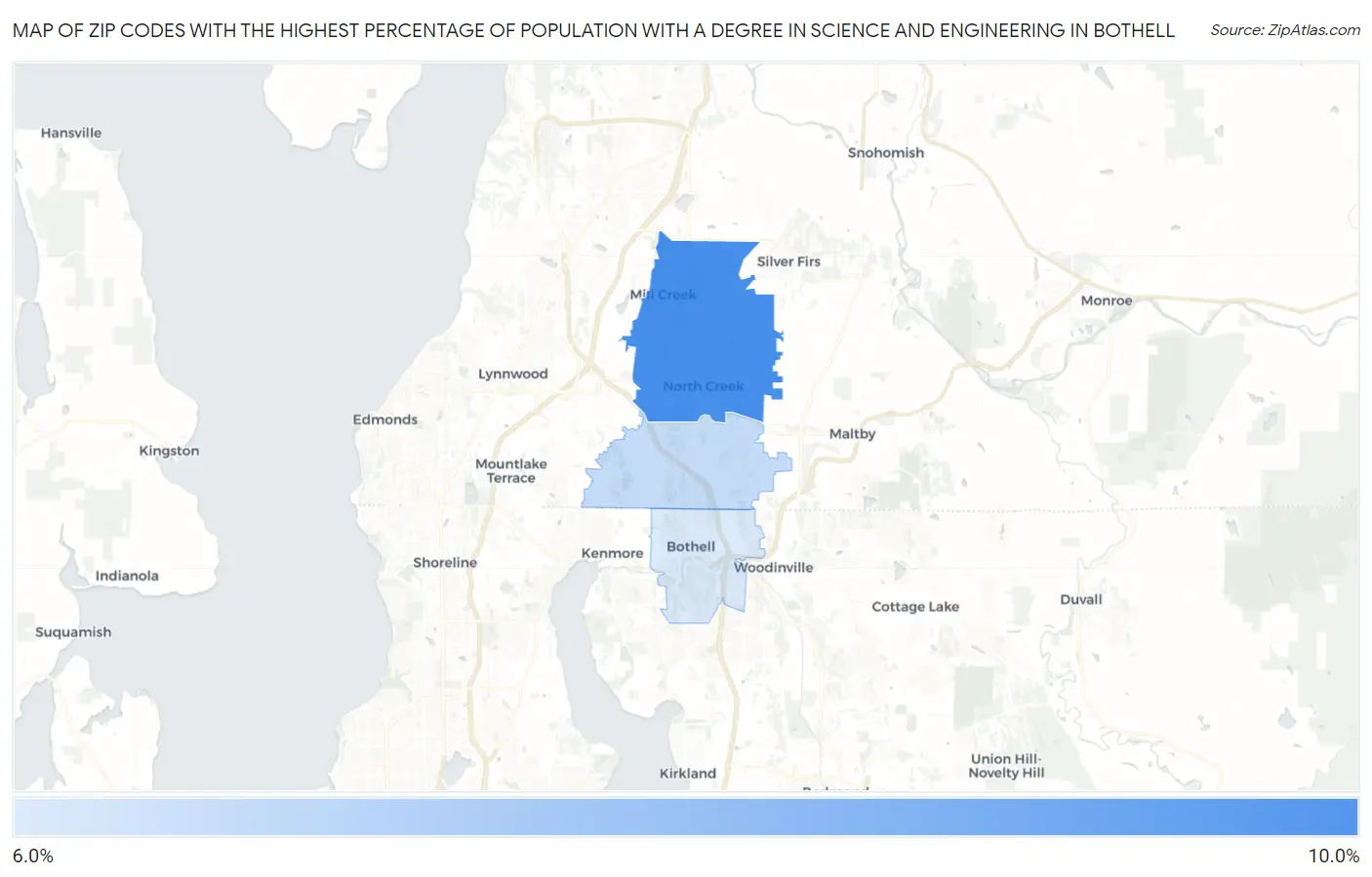Zip Codes with the Highest Percentage of Population with a Degree in Science and Engineering in Bothell Map