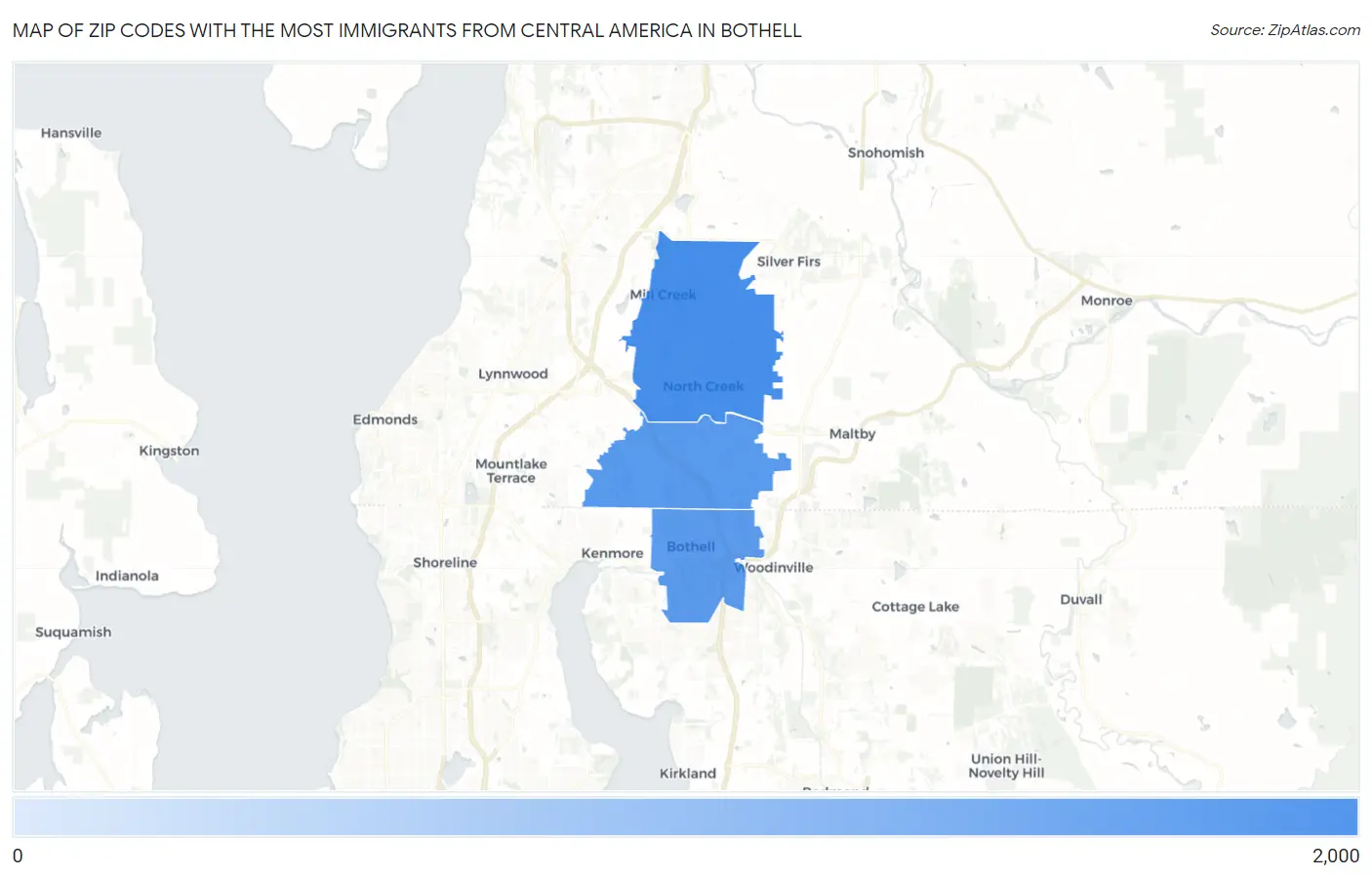 Zip Codes with the Most Immigrants from Central America in Bothell Map