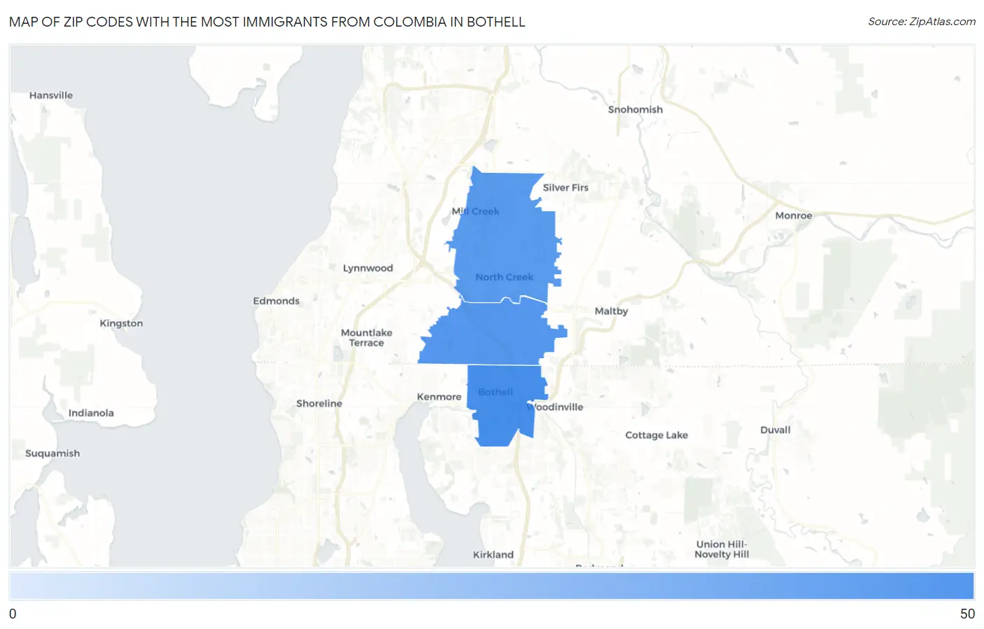 Zip Codes with the Most Immigrants from Colombia in Bothell Map