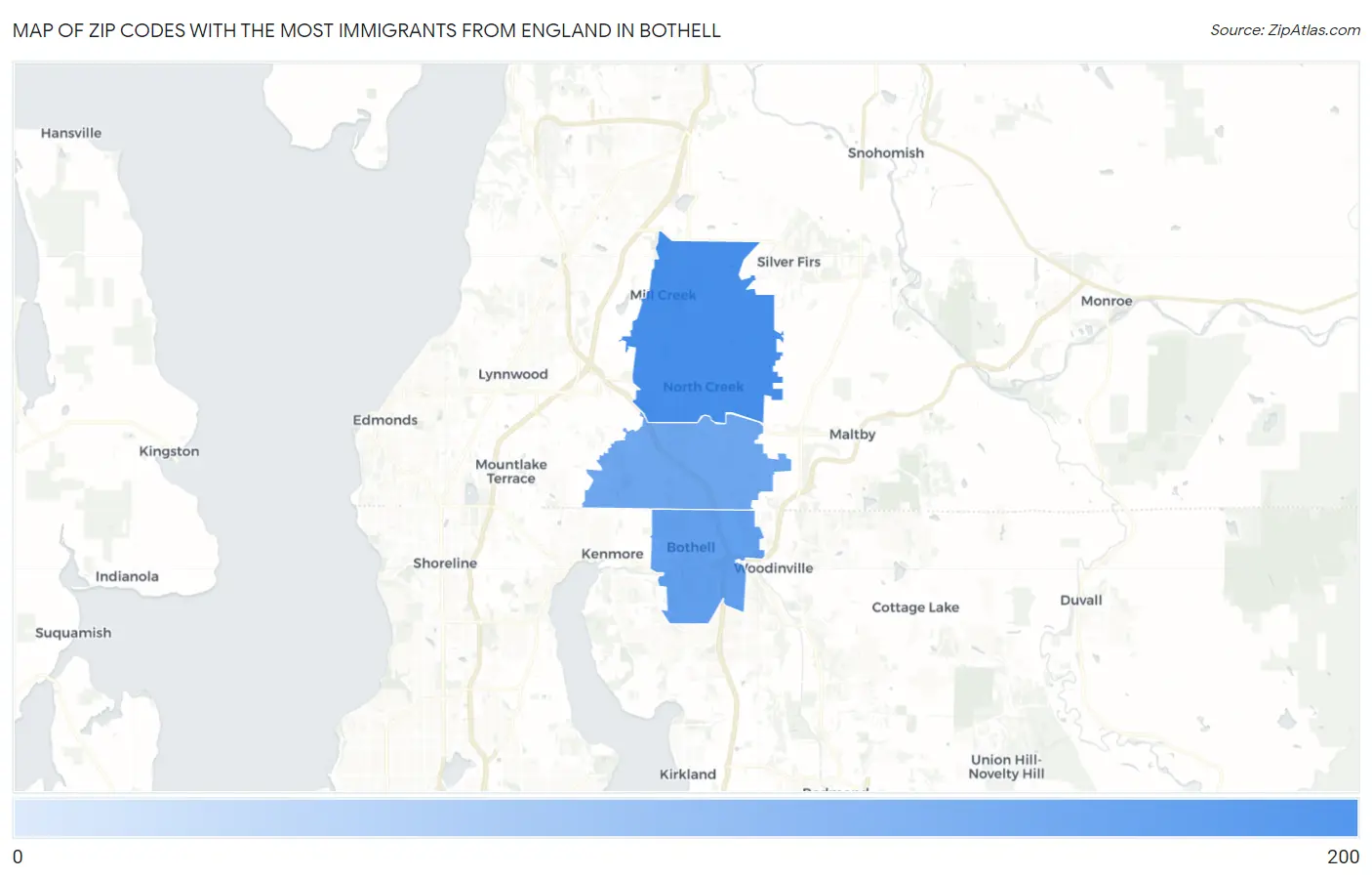 Zip Codes with the Most Immigrants from England in Bothell Map