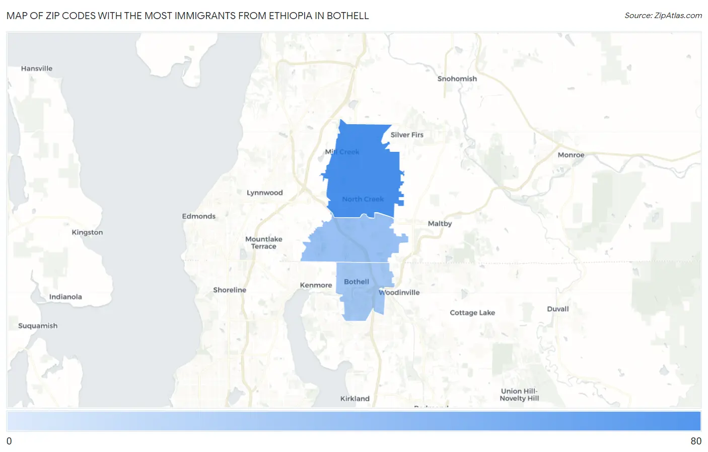 Zip Codes with the Most Immigrants from Ethiopia in Bothell Map