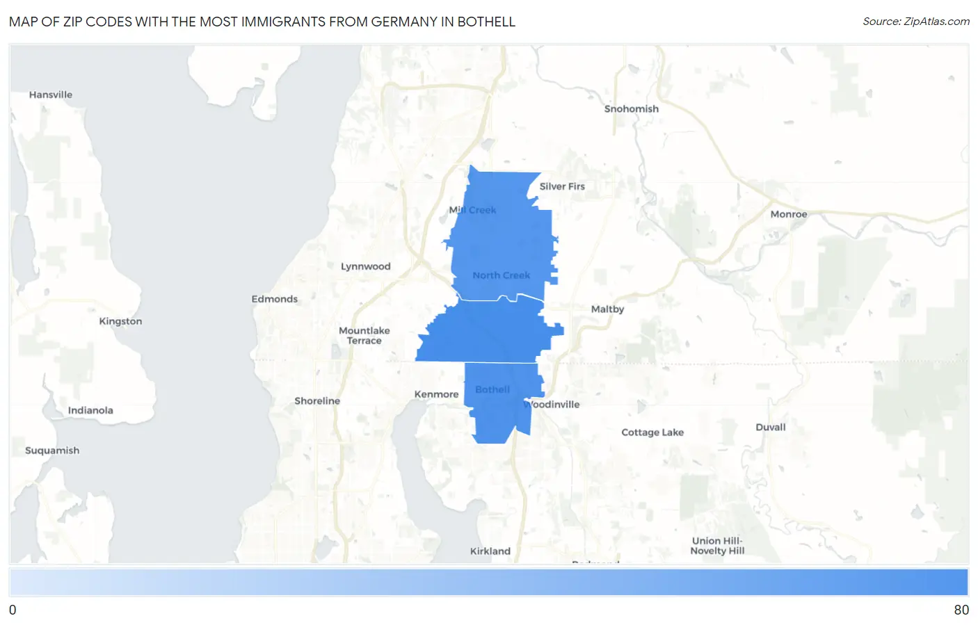Zip Codes with the Most Immigrants from Germany in Bothell Map