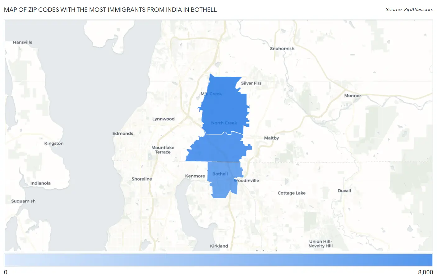 Zip Codes with the Most Immigrants from India in Bothell Map