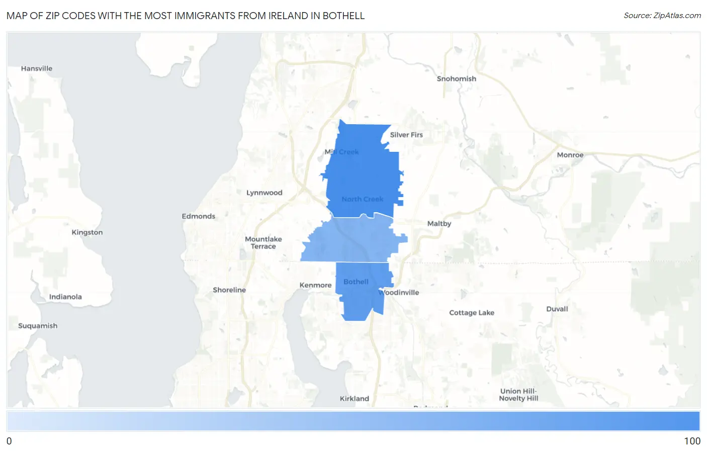 Zip Codes with the Most Immigrants from Ireland in Bothell Map