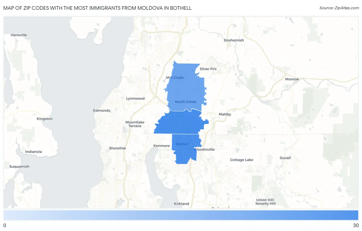 Zip Codes with the Most Immigrants from Moldova in Bothell Map