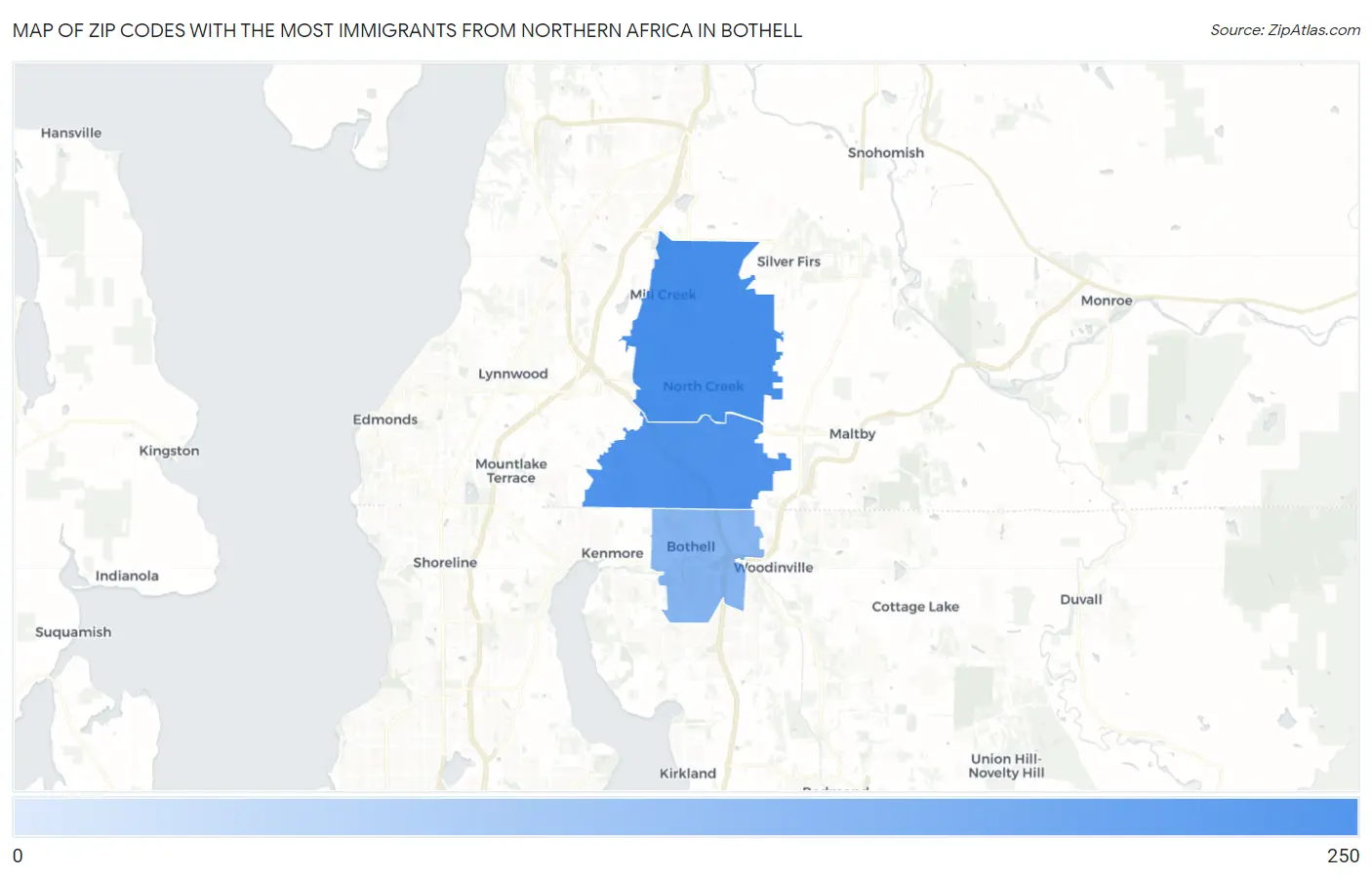 Zip Codes with the Most Immigrants from Northern Africa in Bothell Map