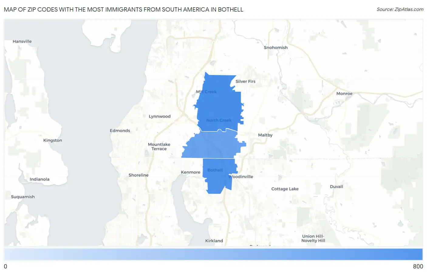 Zip Codes with the Most Immigrants from South America in Bothell Map