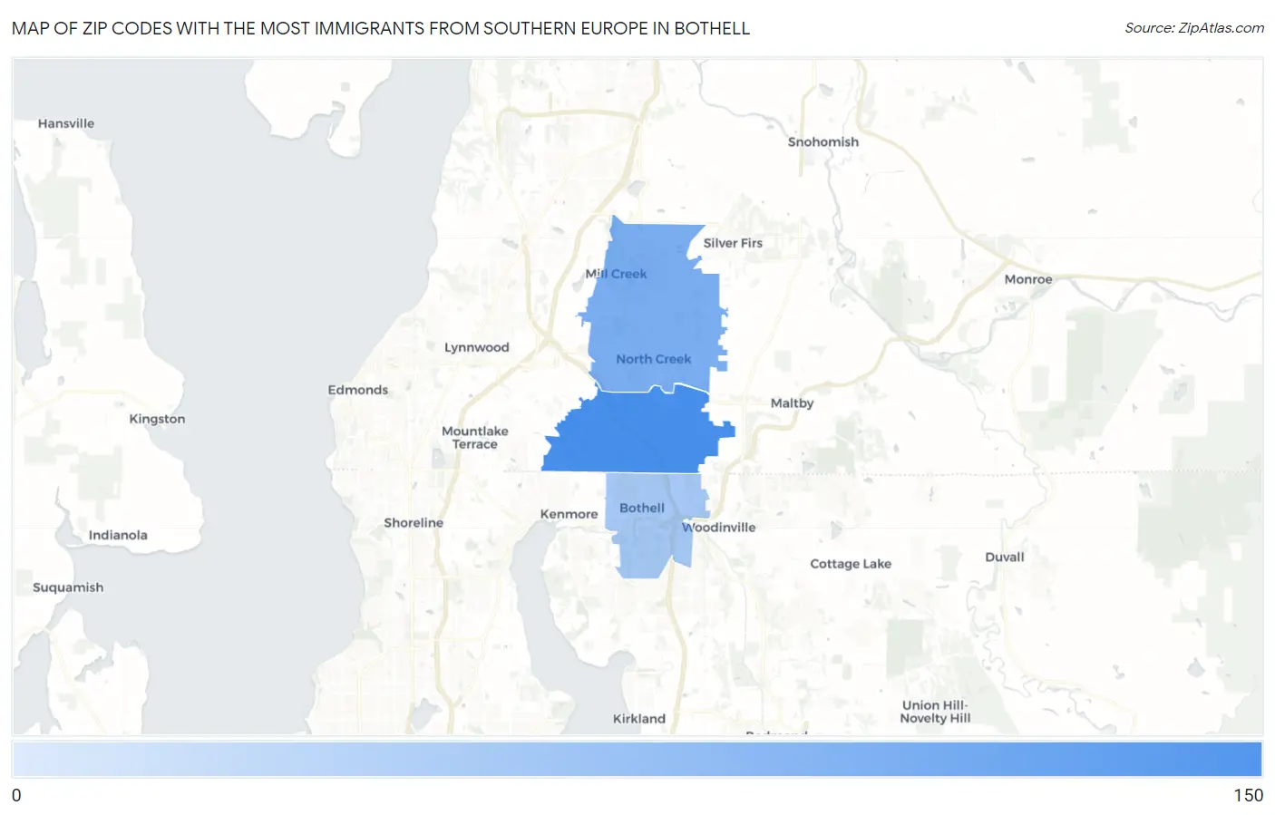Zip Codes with the Most Immigrants from Southern Europe in Bothell Map
