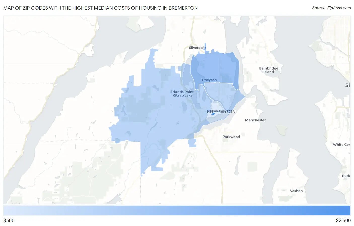 Zip Codes with the Highest Median Costs of Housing in Bremerton Map
