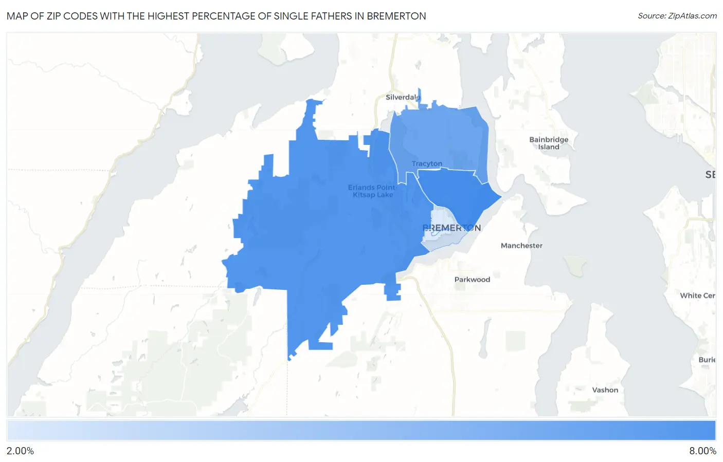 Zip Codes with the Highest Percentage of Single Fathers in Bremerton Map