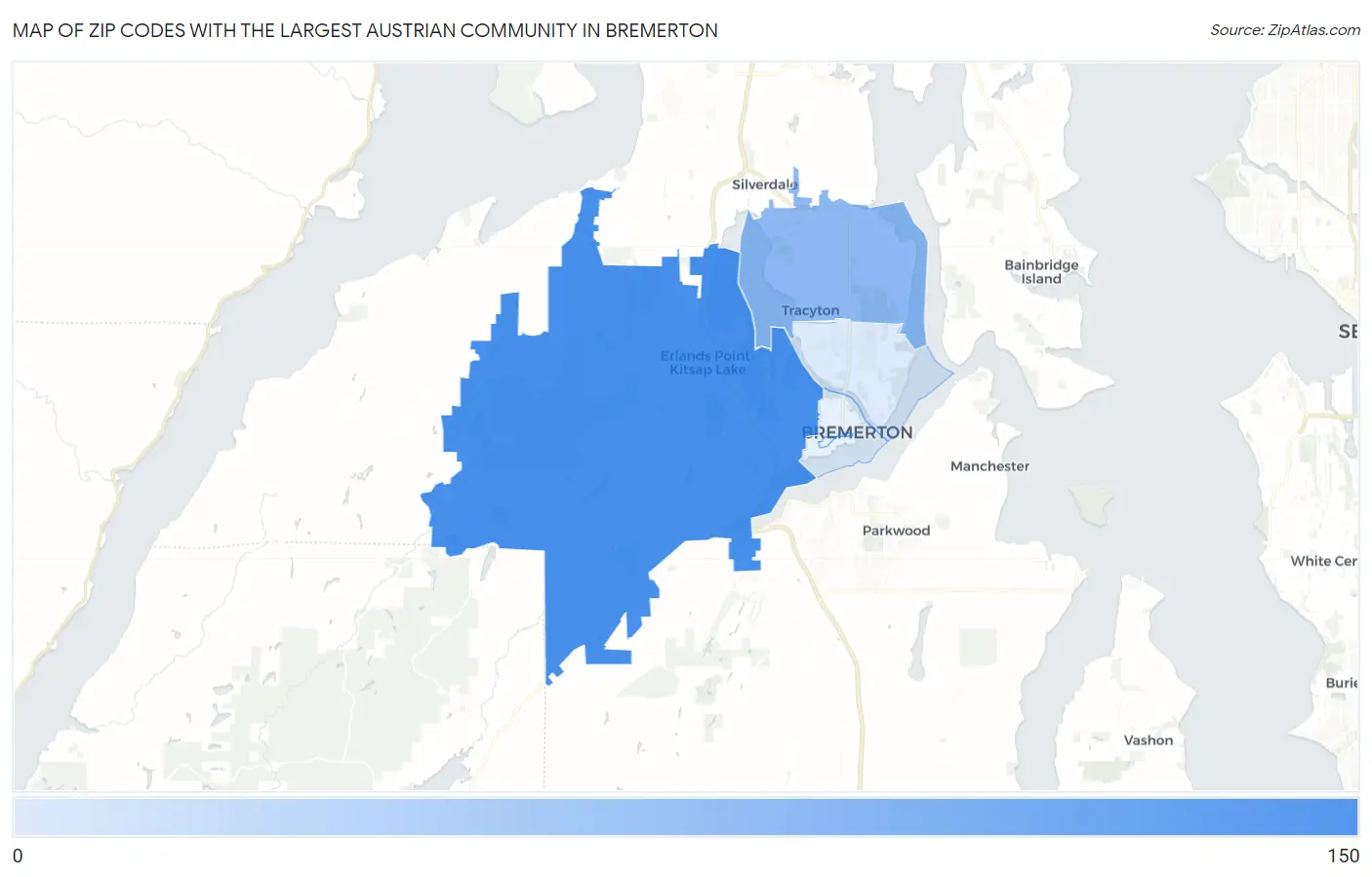 Zip Codes with the Largest Austrian Community in Bremerton Map