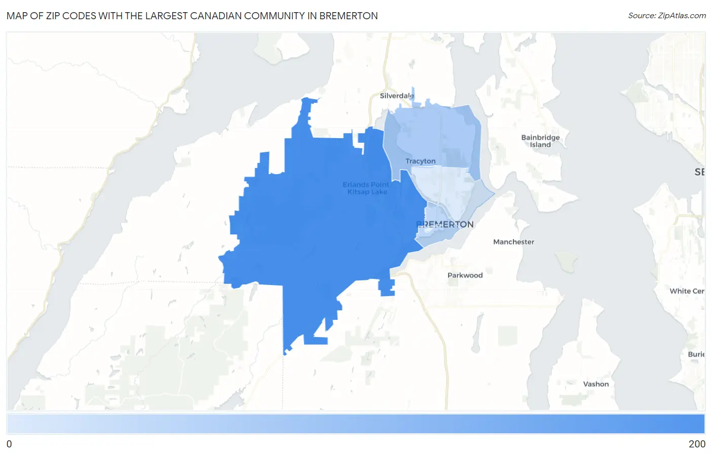 Zip Codes with the Largest Canadian Community in Bremerton Map