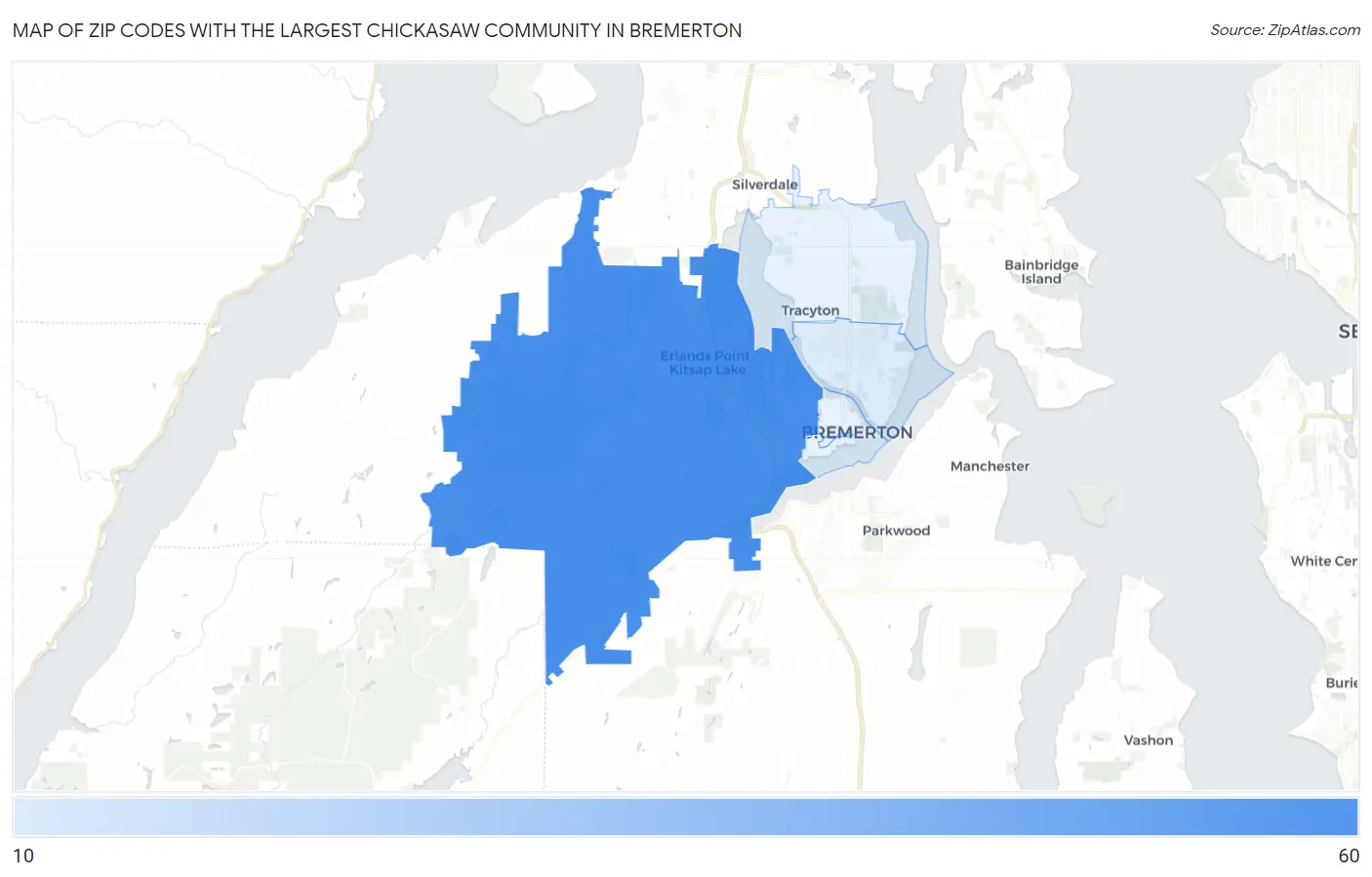 Zip Codes with the Largest Chickasaw Community in Bremerton Map