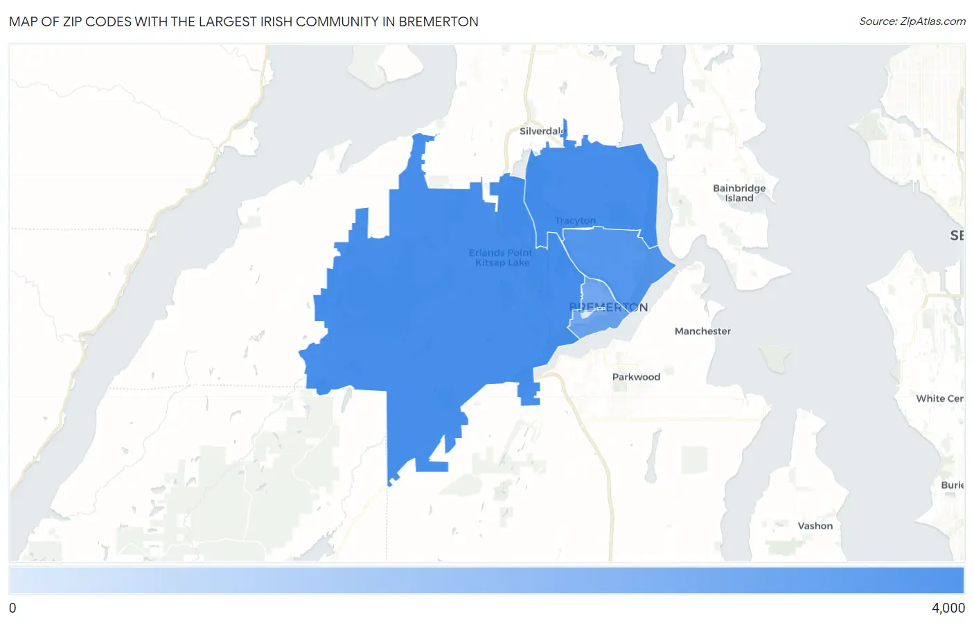Zip Codes with the Largest Irish Community in Bremerton Map