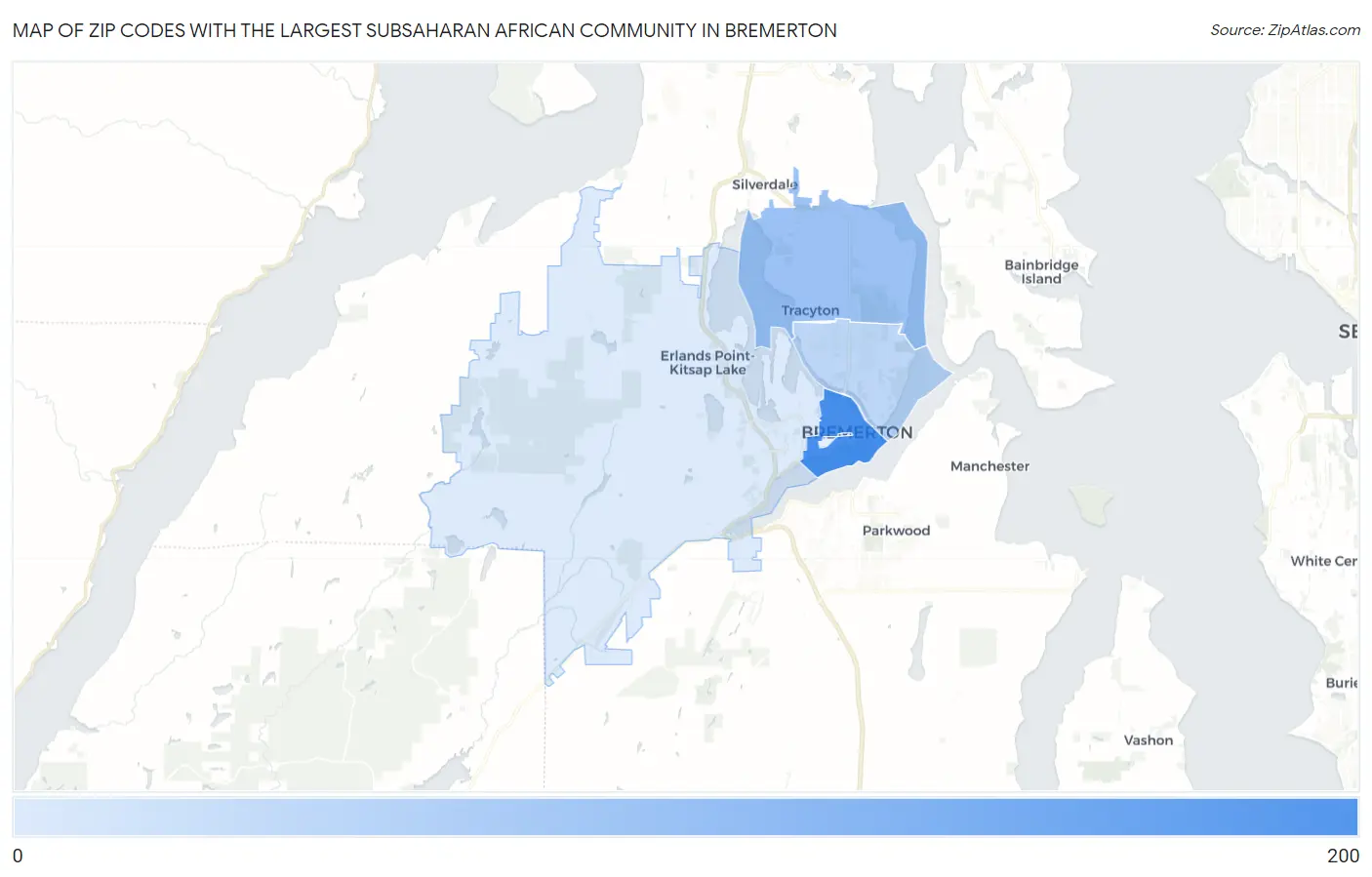 Zip Codes with the Largest Subsaharan African Community in Bremerton Map