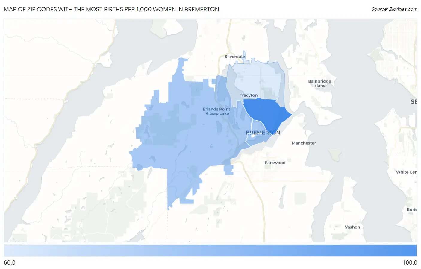 Zip Codes with the Most Births per 1,000 Women in Bremerton Map