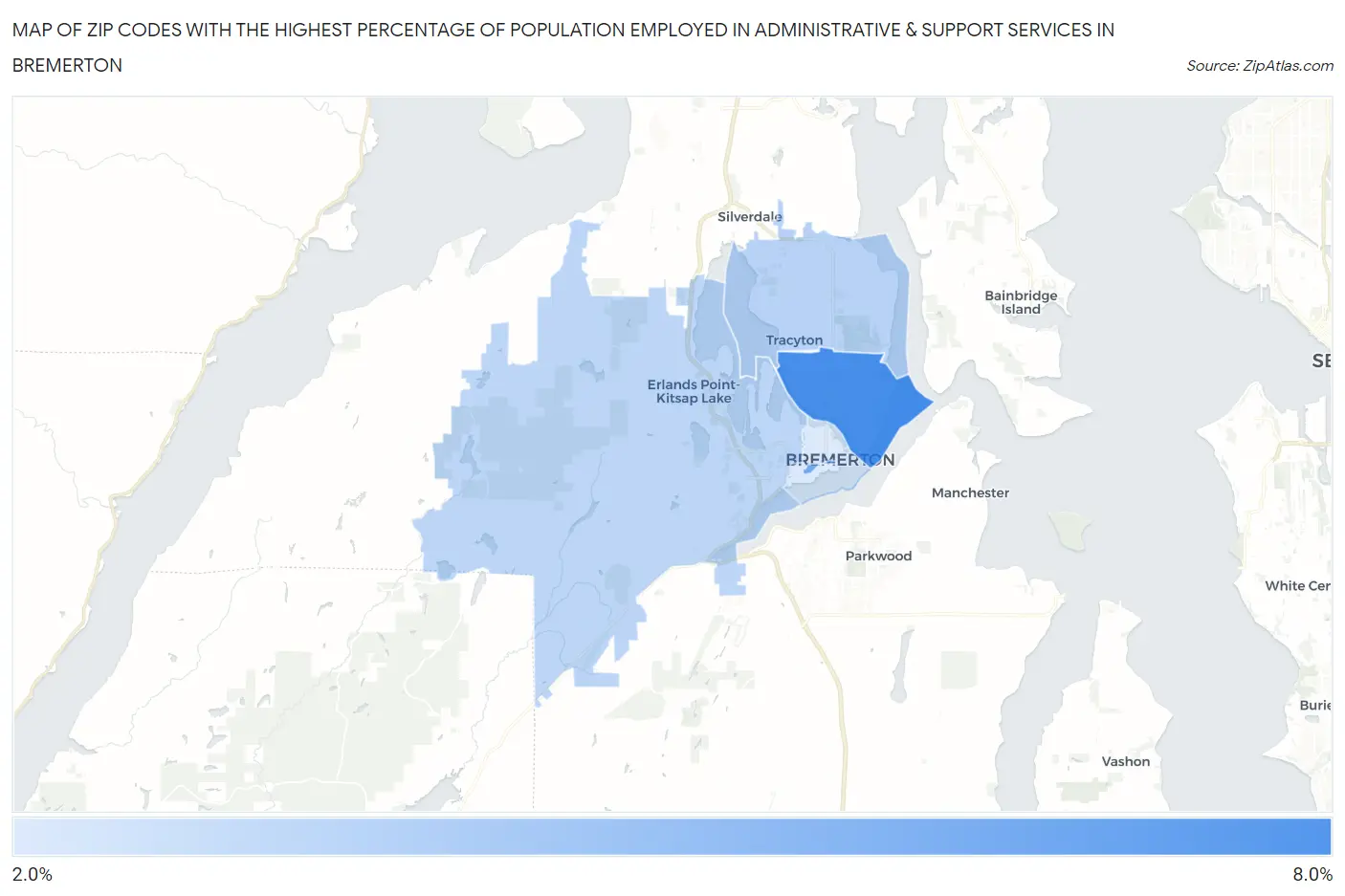 Zip Codes with the Highest Percentage of Population Employed in Administrative & Support Services in Bremerton Map