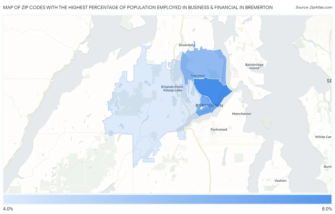 Zip Codes with the Highest Percentage of Population Employed in Business & Financial in Bremerton Map