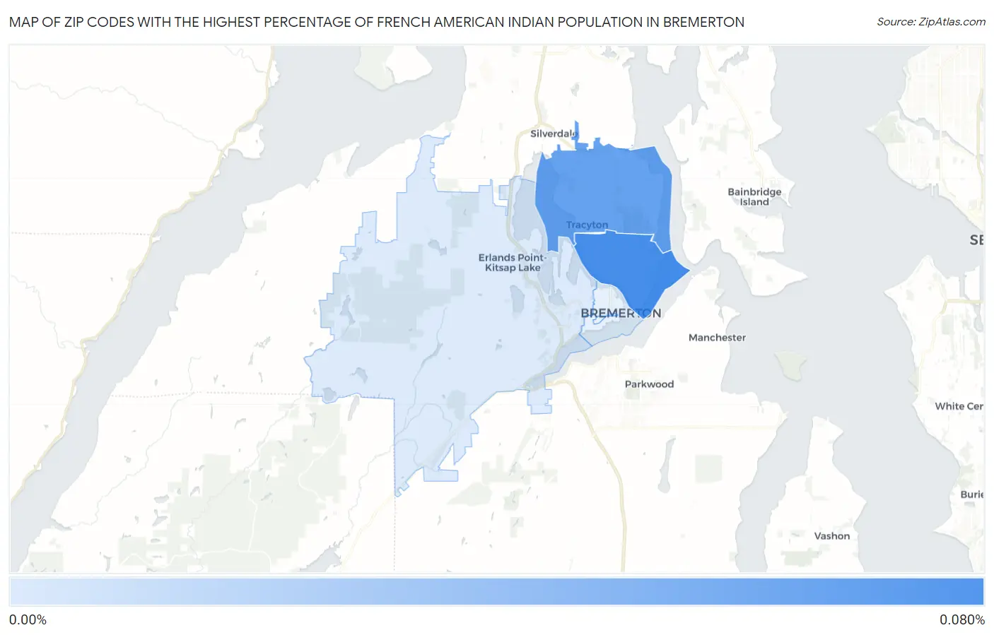 Zip Codes with the Highest Percentage of French American Indian Population in Bremerton Map