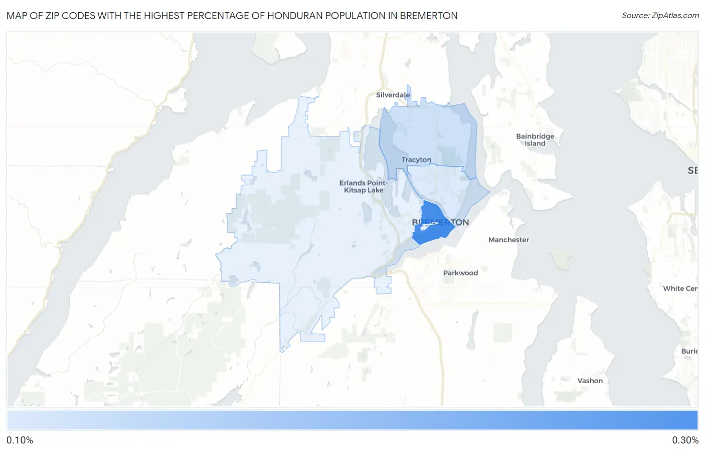 Zip Codes with the Highest Percentage of Honduran Population in Bremerton Map