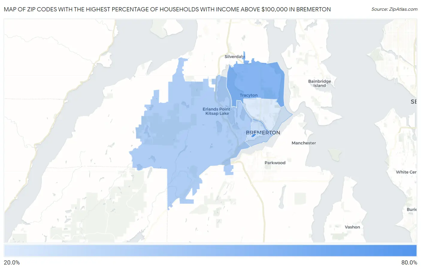 Zip Codes with the Highest Percentage of Households with Income Above $100,000 in Bremerton Map