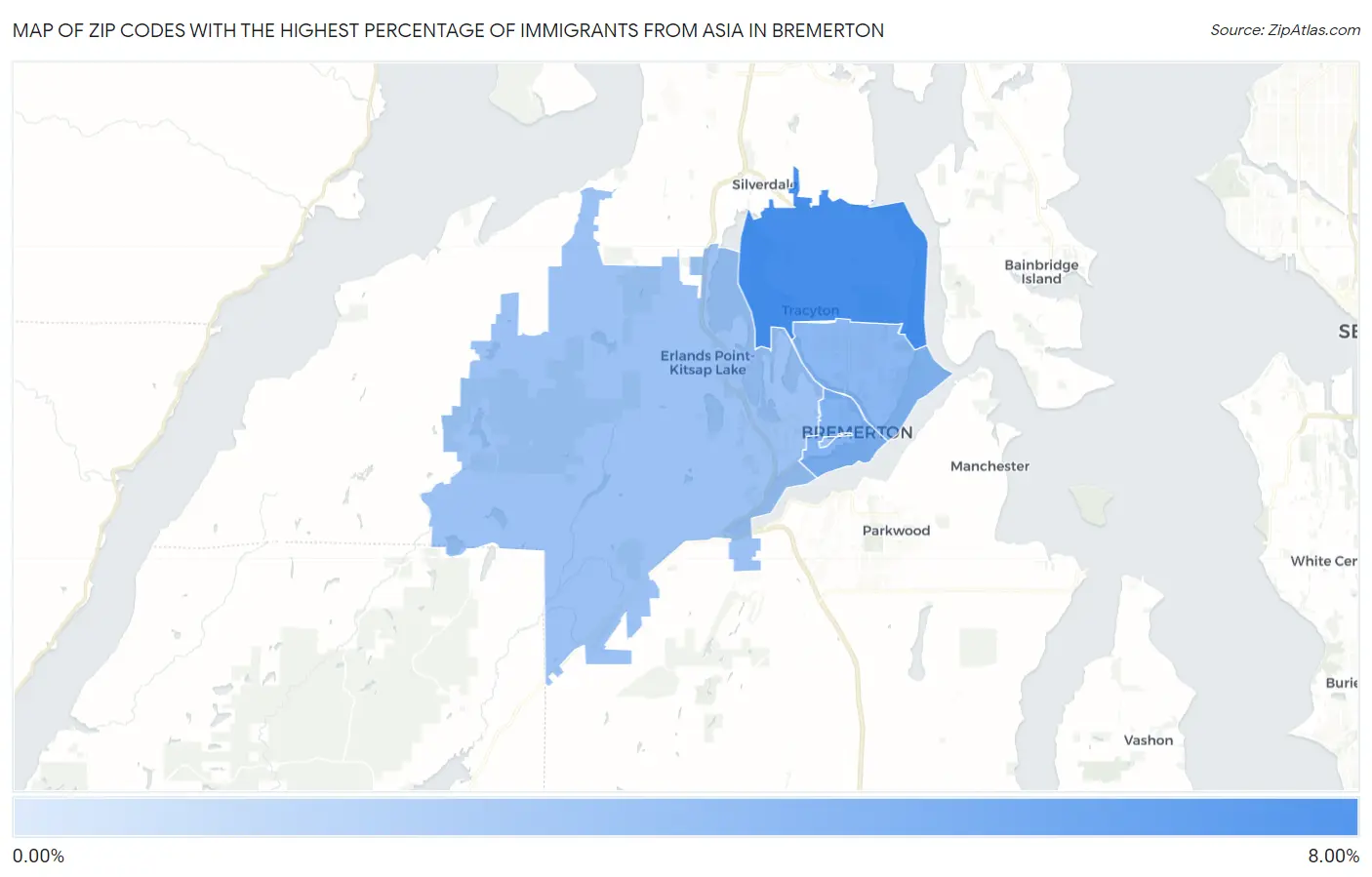 Zip Codes with the Highest Percentage of Immigrants from Asia in Bremerton Map