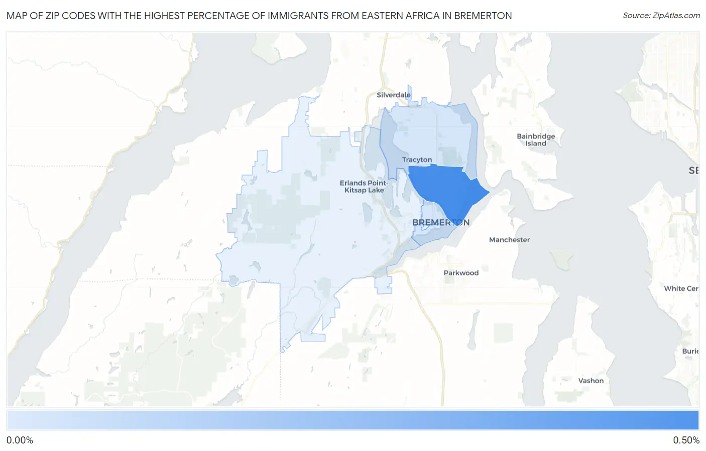 Zip Codes with the Highest Percentage of Immigrants from Eastern Africa in Bremerton Map