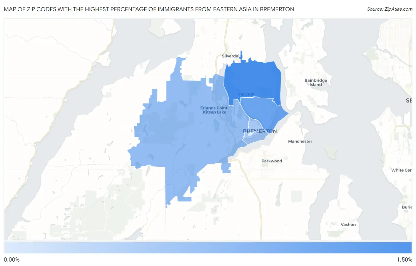 Zip Codes with the Highest Percentage of Immigrants from Eastern Asia in Bremerton Map