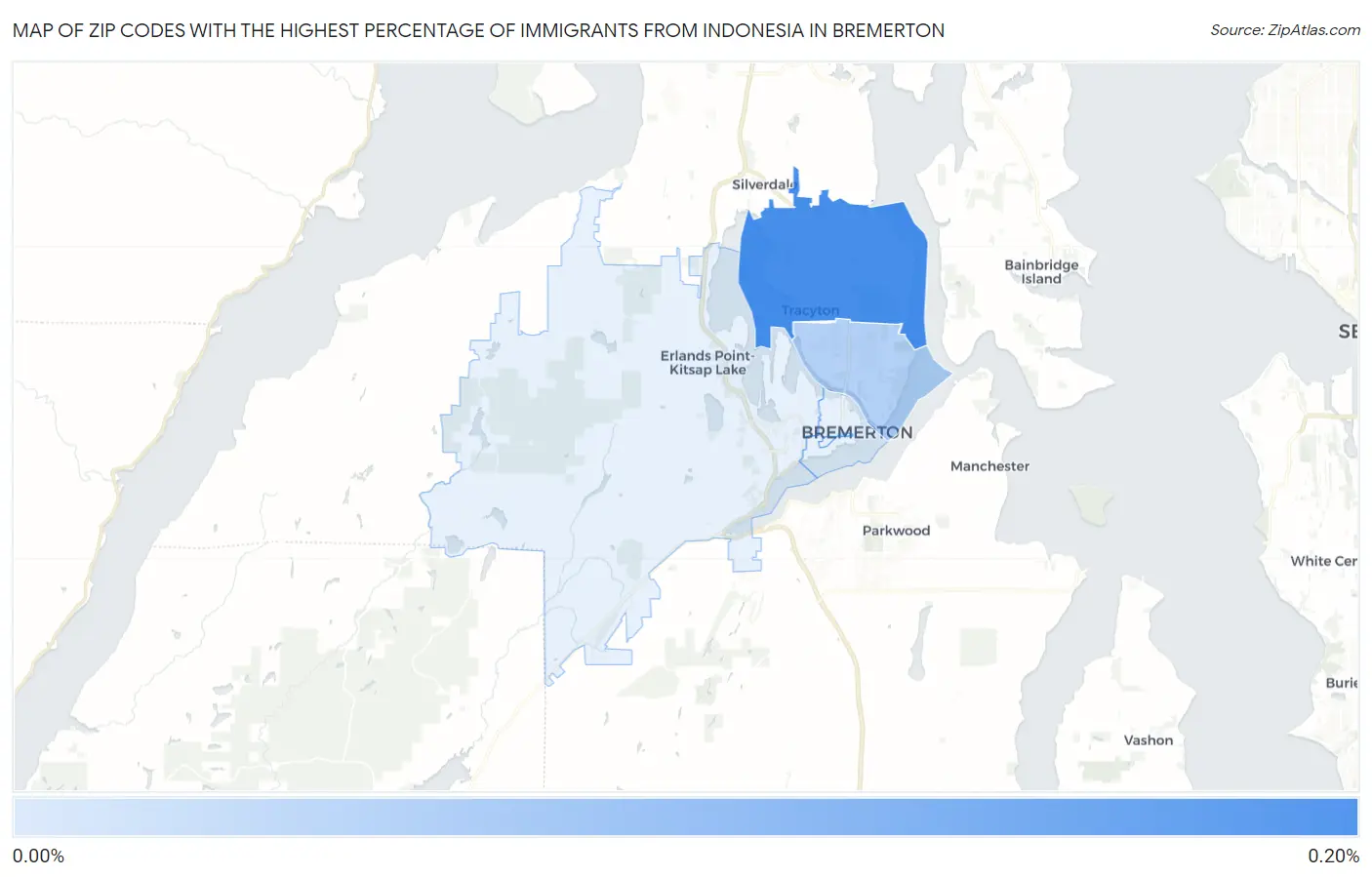Zip Codes with the Highest Percentage of Immigrants from Indonesia in Bremerton Map