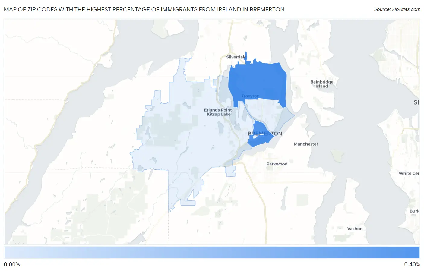 Zip Codes with the Highest Percentage of Immigrants from Ireland in Bremerton Map