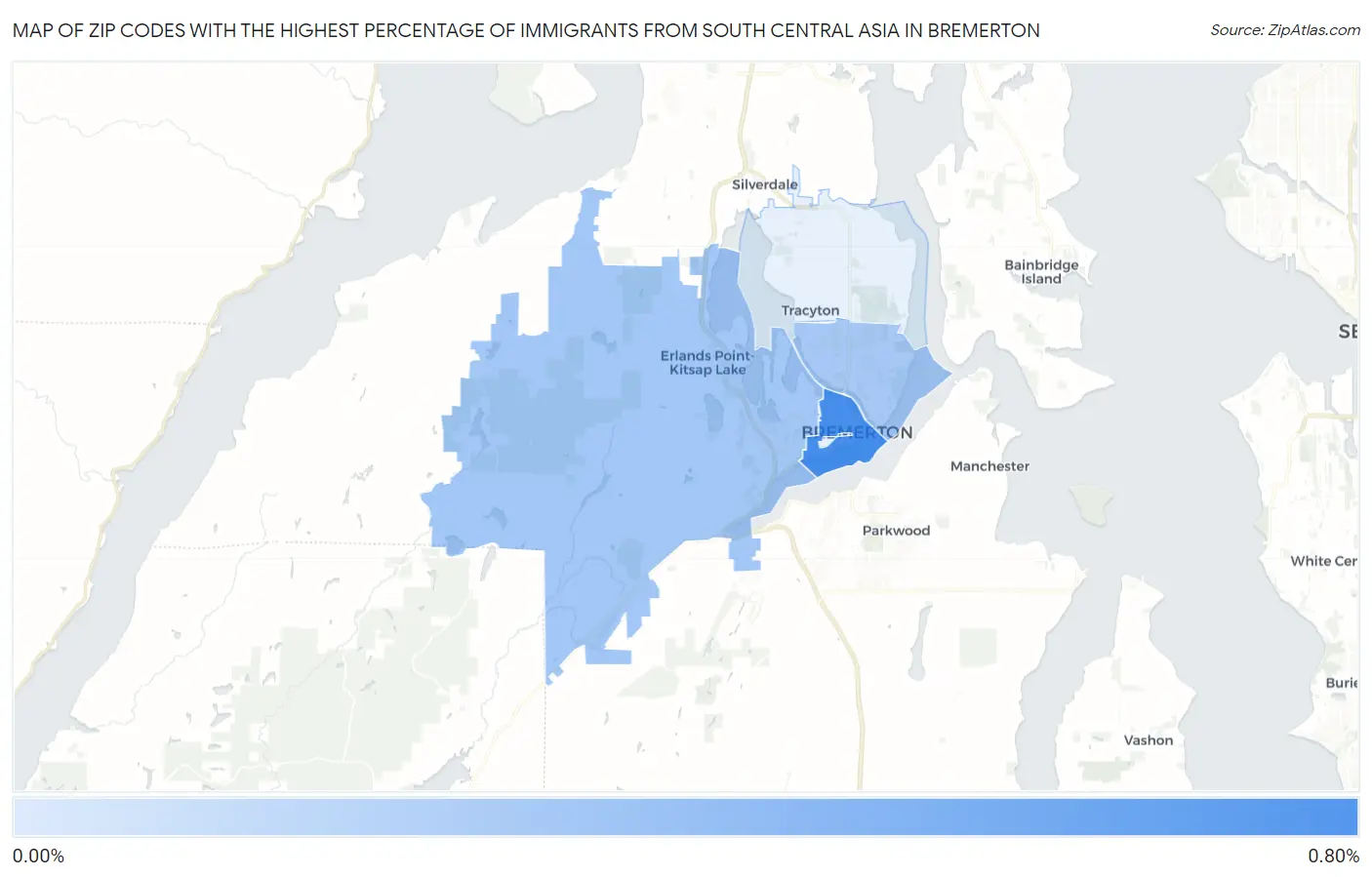 Zip Codes with the Highest Percentage of Immigrants from South Central Asia in Bremerton Map