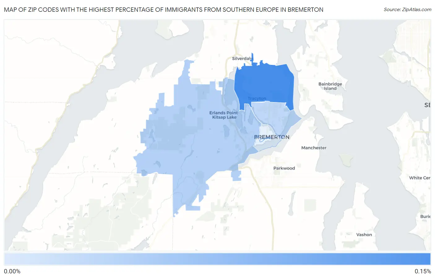 Zip Codes with the Highest Percentage of Immigrants from Southern Europe in Bremerton Map