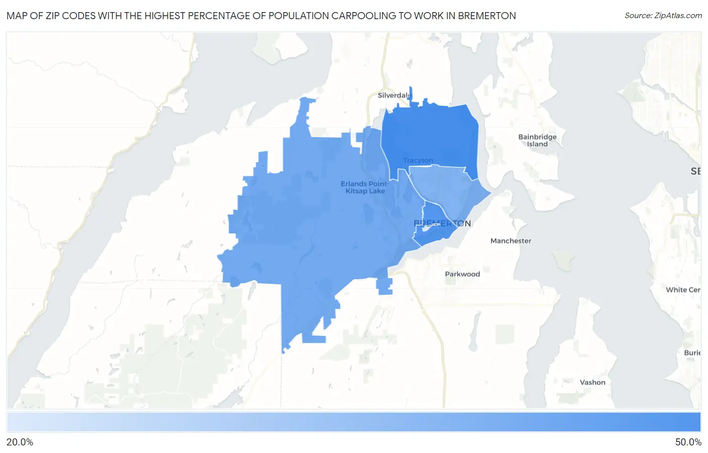 Zip Codes with the Highest Percentage of Population Carpooling to Work in Bremerton Map