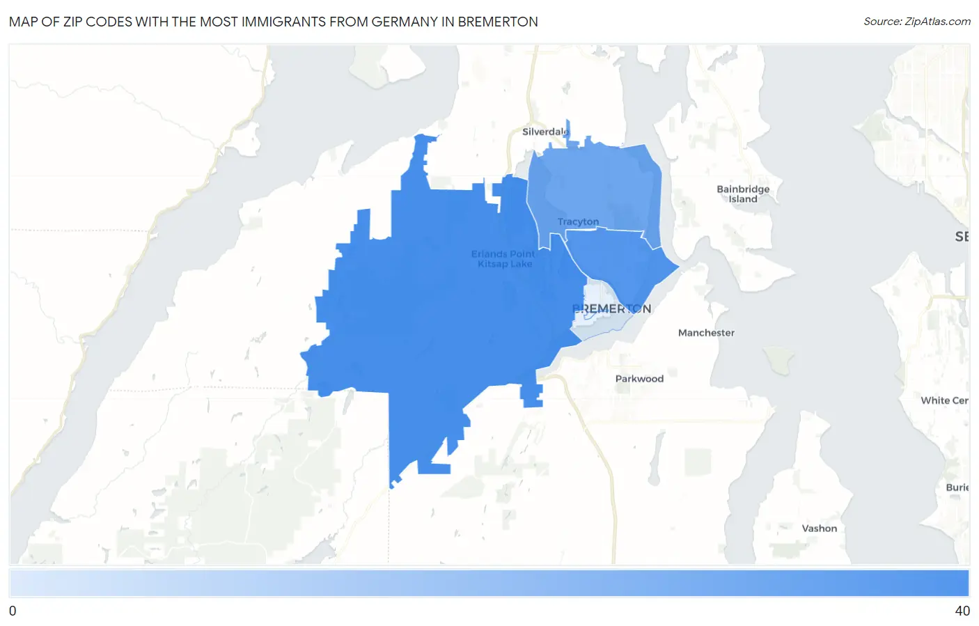 Zip Codes with the Most Immigrants from Germany in Bremerton Map