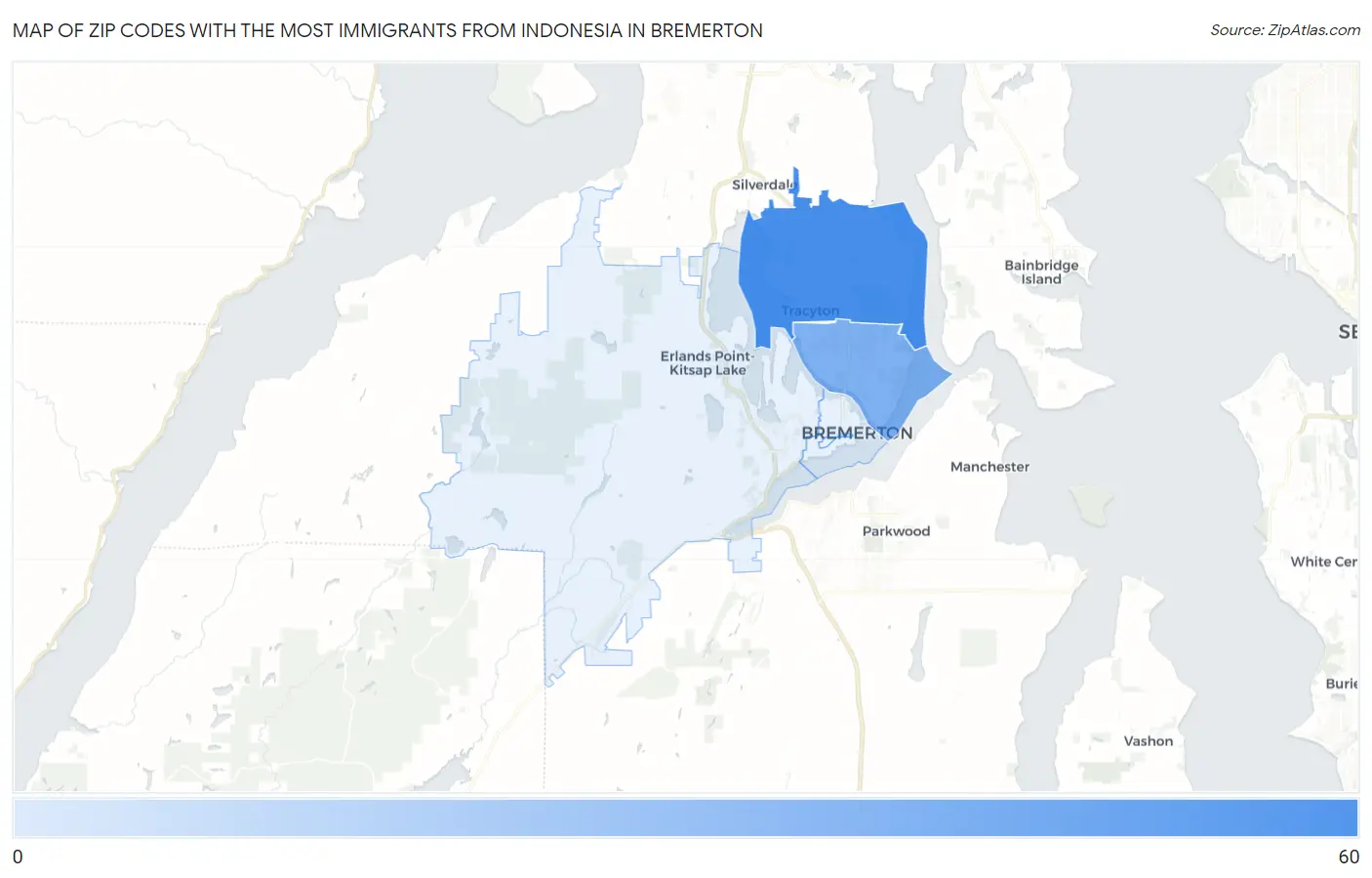 Zip Codes with the Most Immigrants from Indonesia in Bremerton Map