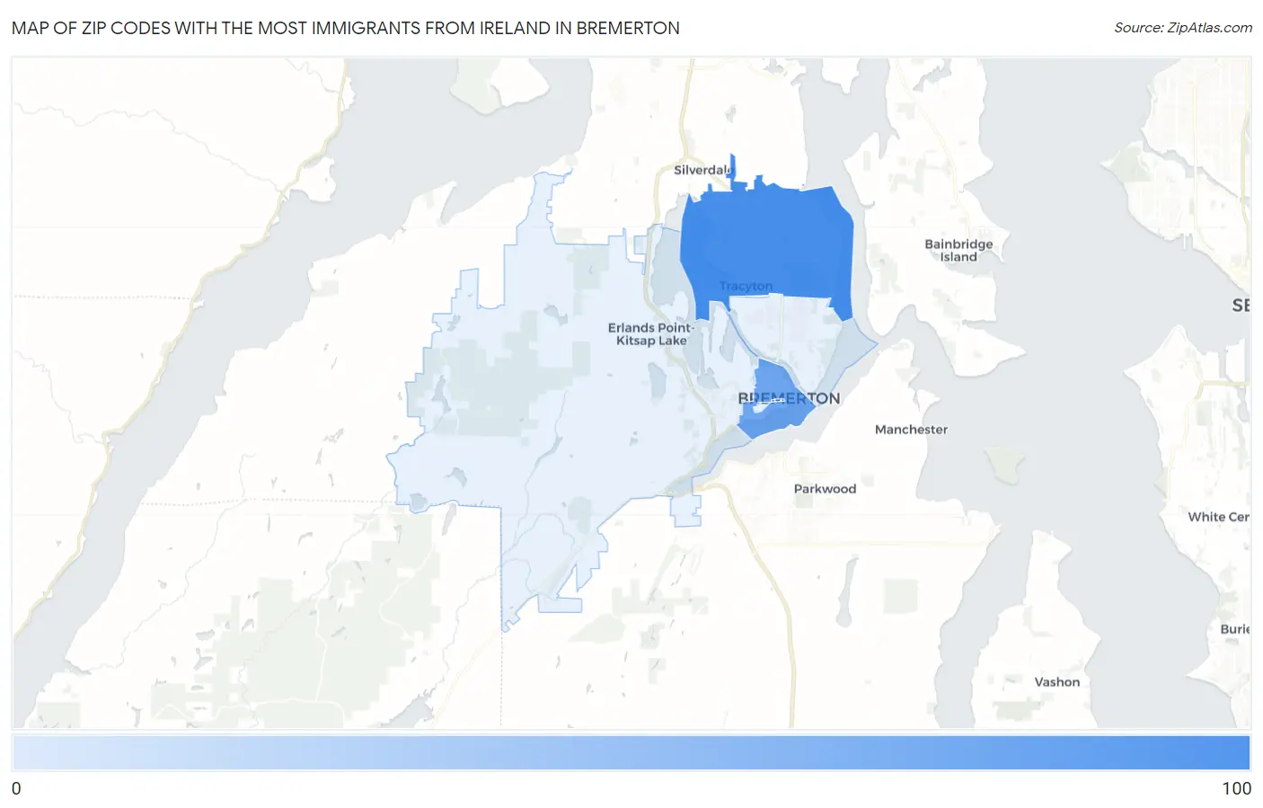 Zip Codes with the Most Immigrants from Ireland in Bremerton Map