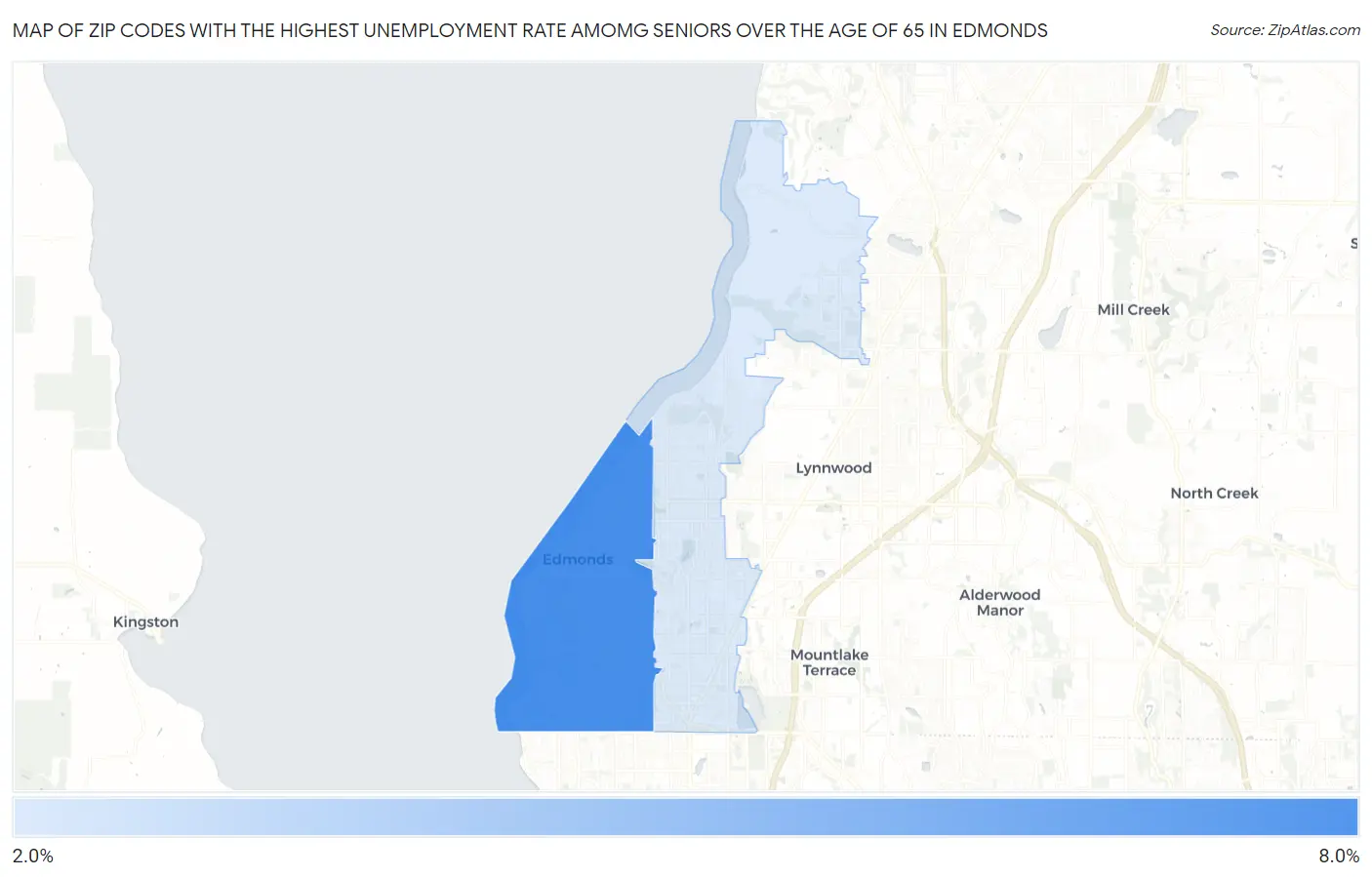 Zip Codes with the Highest Unemployment Rate Amomg Seniors Over the Age of 65 in Edmonds Map