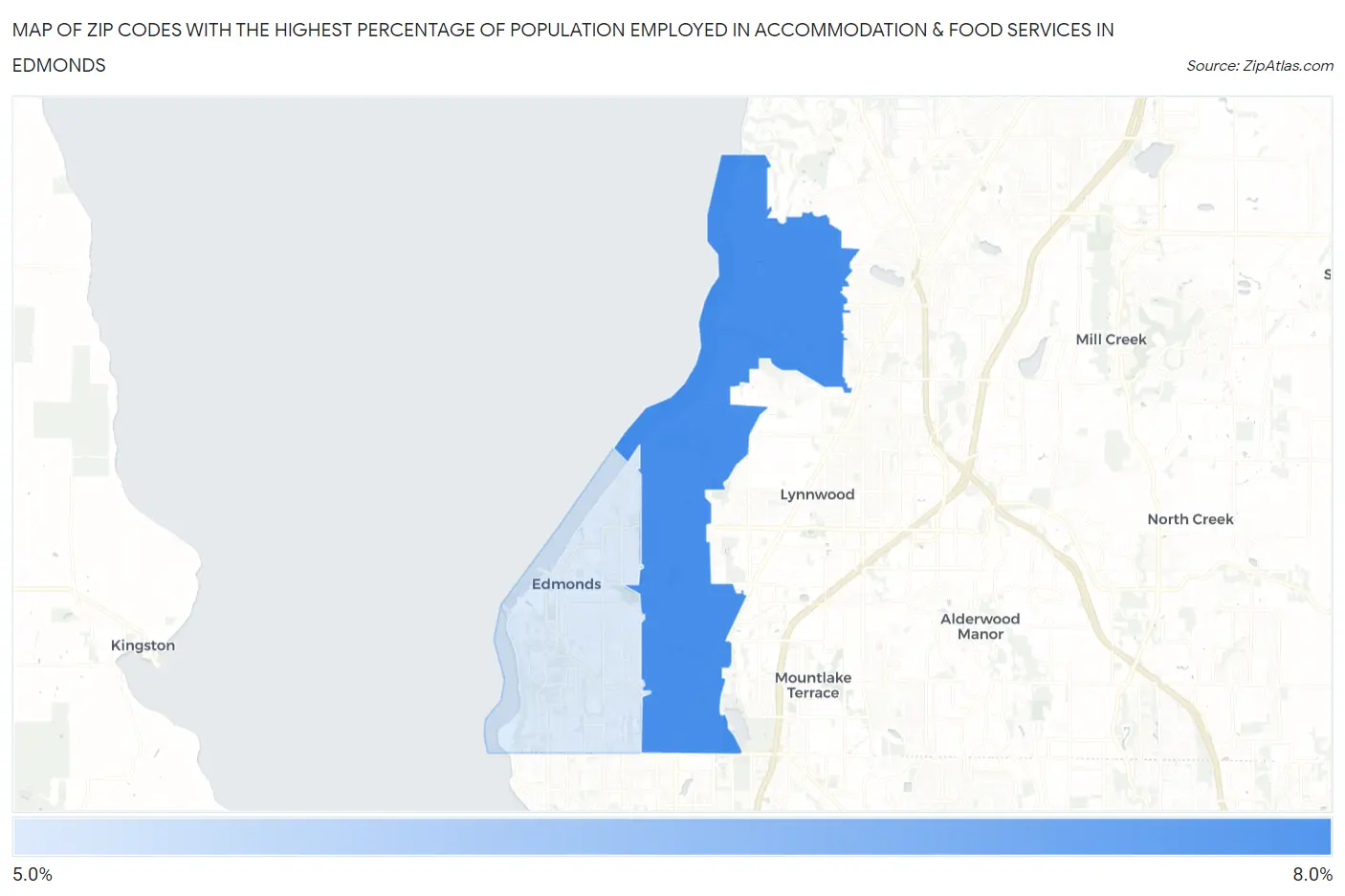 Zip Codes with the Highest Percentage of Population Employed in Accommodation & Food Services in Edmonds Map