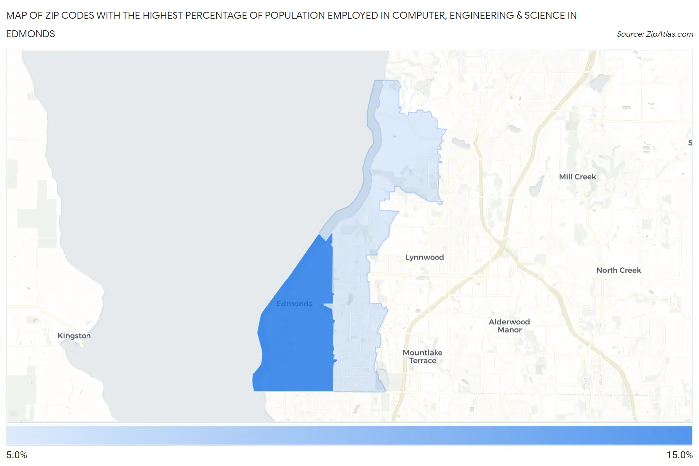 Zip Codes with the Highest Percentage of Population Employed in Computer, Engineering & Science in Edmonds Map