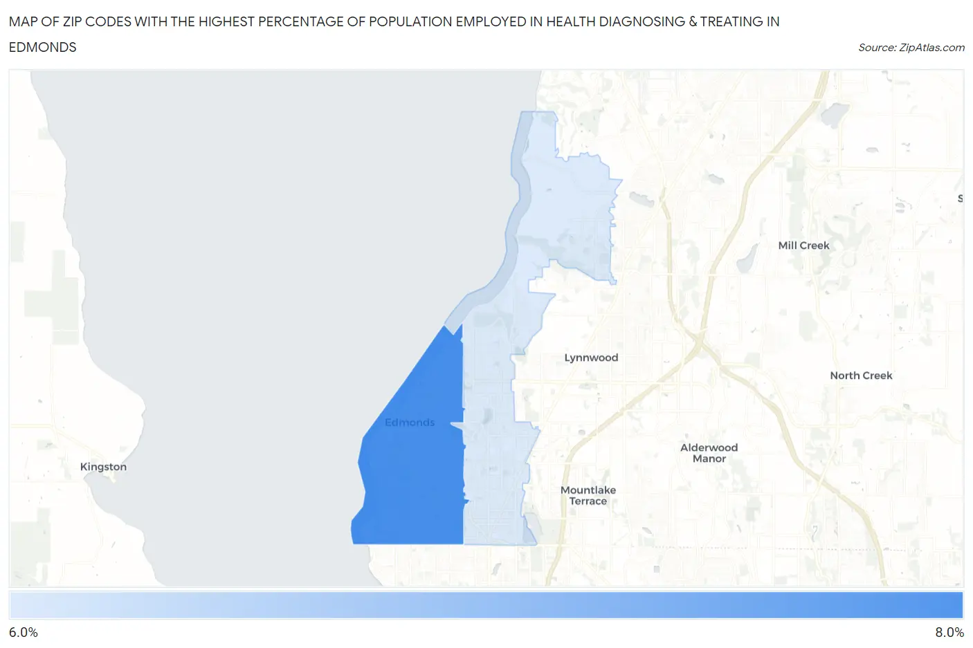 Zip Codes with the Highest Percentage of Population Employed in Health Diagnosing & Treating in Edmonds Map