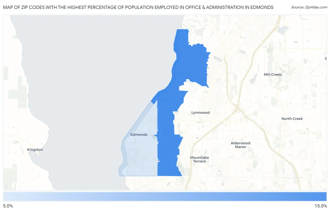 Zip Codes with the Highest Percentage of Population Employed in Office & Administration in Edmonds Map