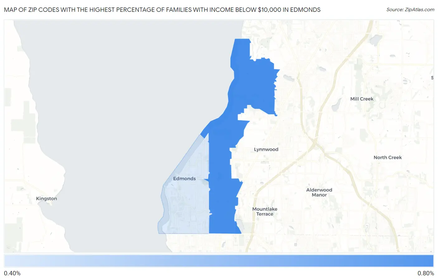 Zip Codes with the Highest Percentage of Families with Income Below $10,000 in Edmonds Map
