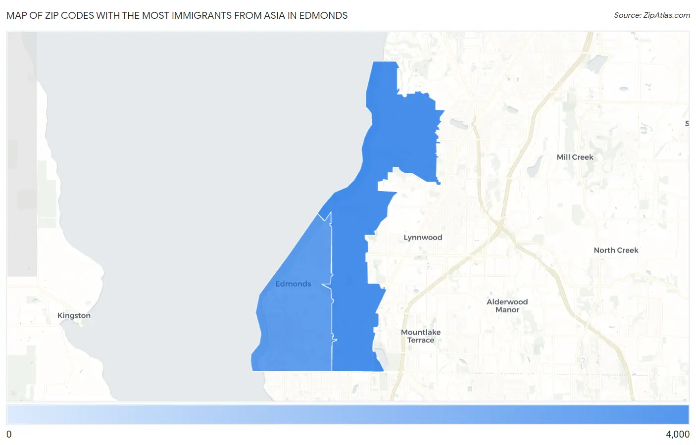 Zip Codes with the Most Immigrants from Asia in Edmonds Map