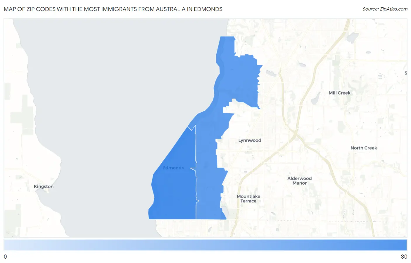 Zip Codes with the Most Immigrants from Australia in Edmonds Map