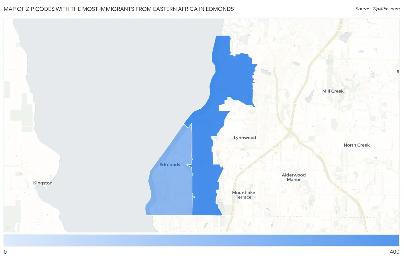 Zip Codes with the Most Immigrants from Eastern Africa in Edmonds Map