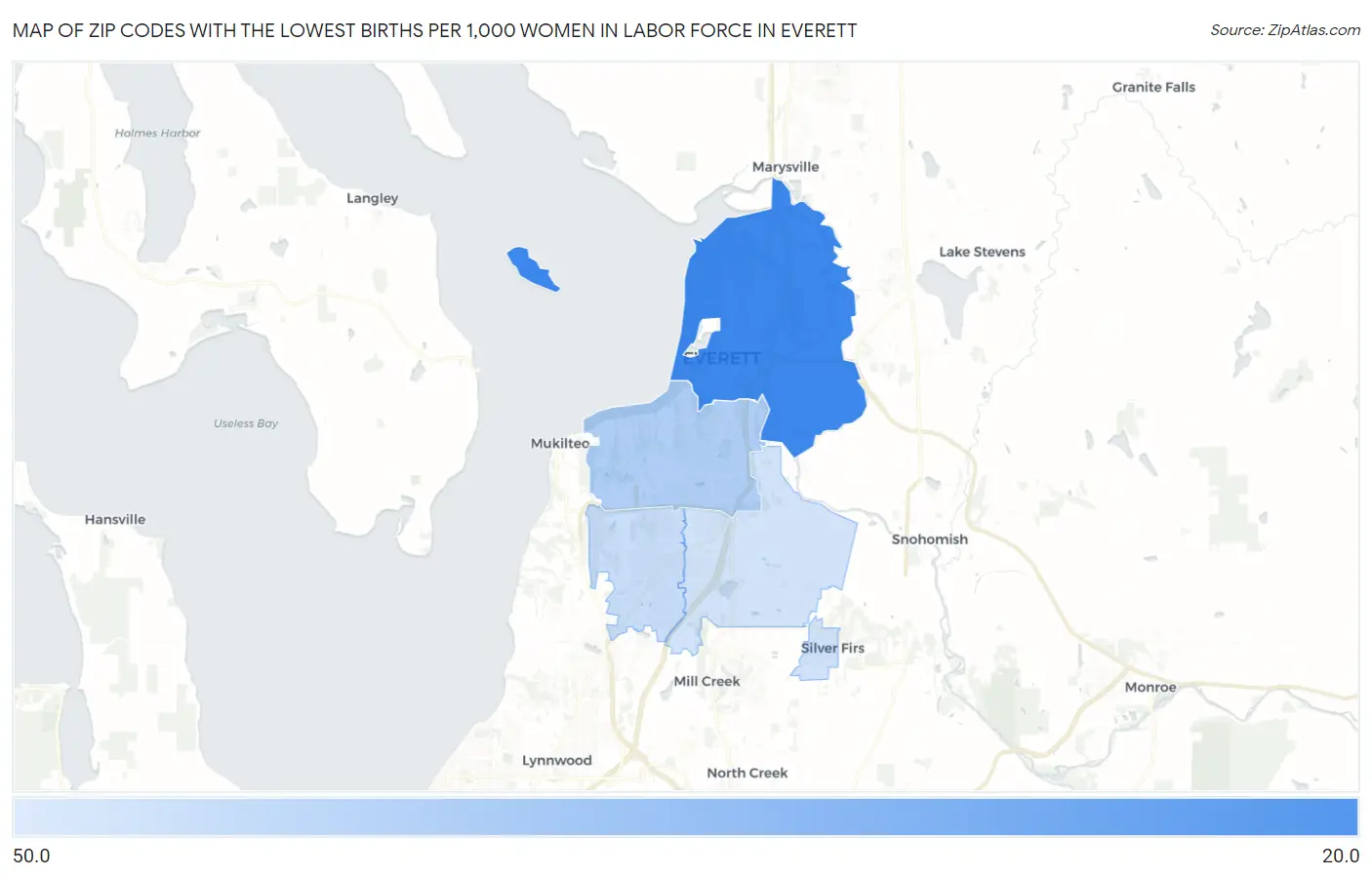 Zip Codes with the Lowest Births per 1,000 Women in Labor Force in Everett Map