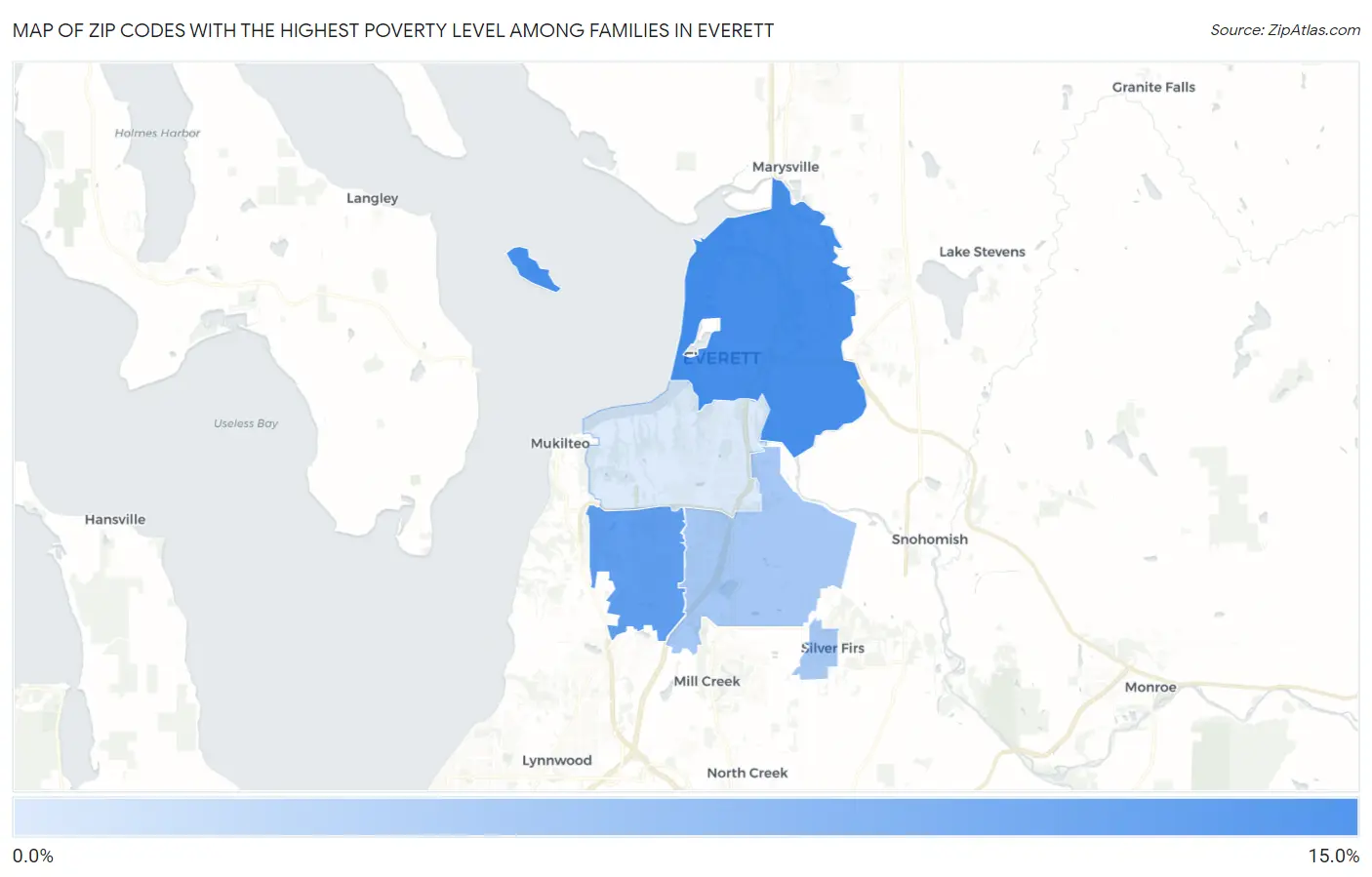 Zip Codes with the Highest Poverty Level Among Families in Everett Map
