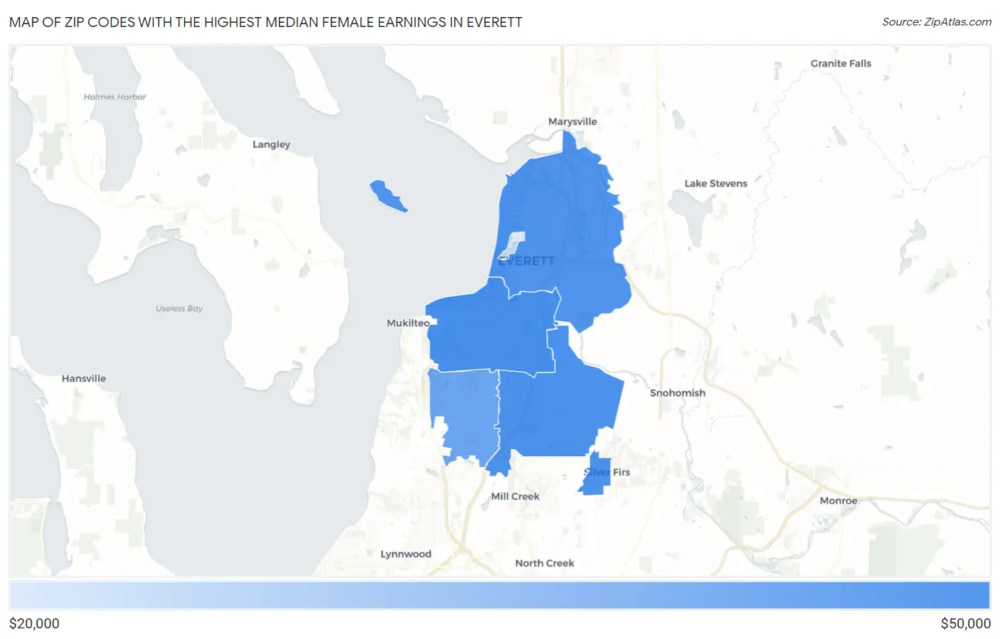 Zip Codes with the Highest Median Female Earnings in Everett Map