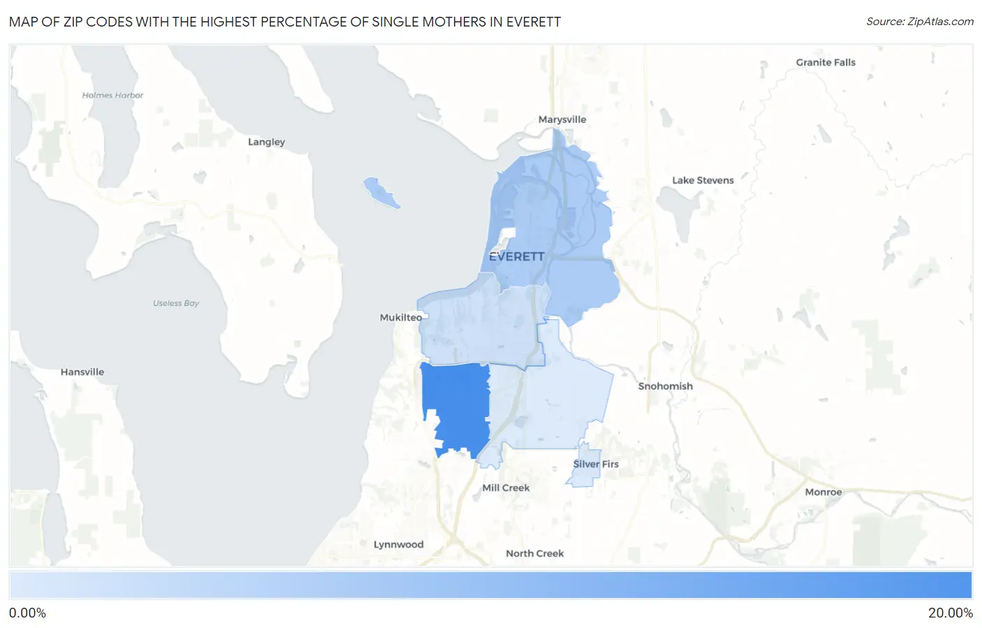 Zip Codes with the Highest Percentage of Single Mothers in Everett Map