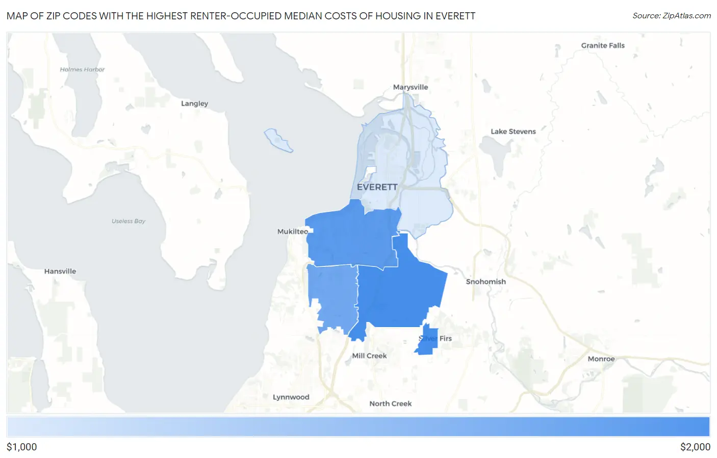 Zip Codes with the Highest Renter-Occupied Median Costs of Housing in Everett Map